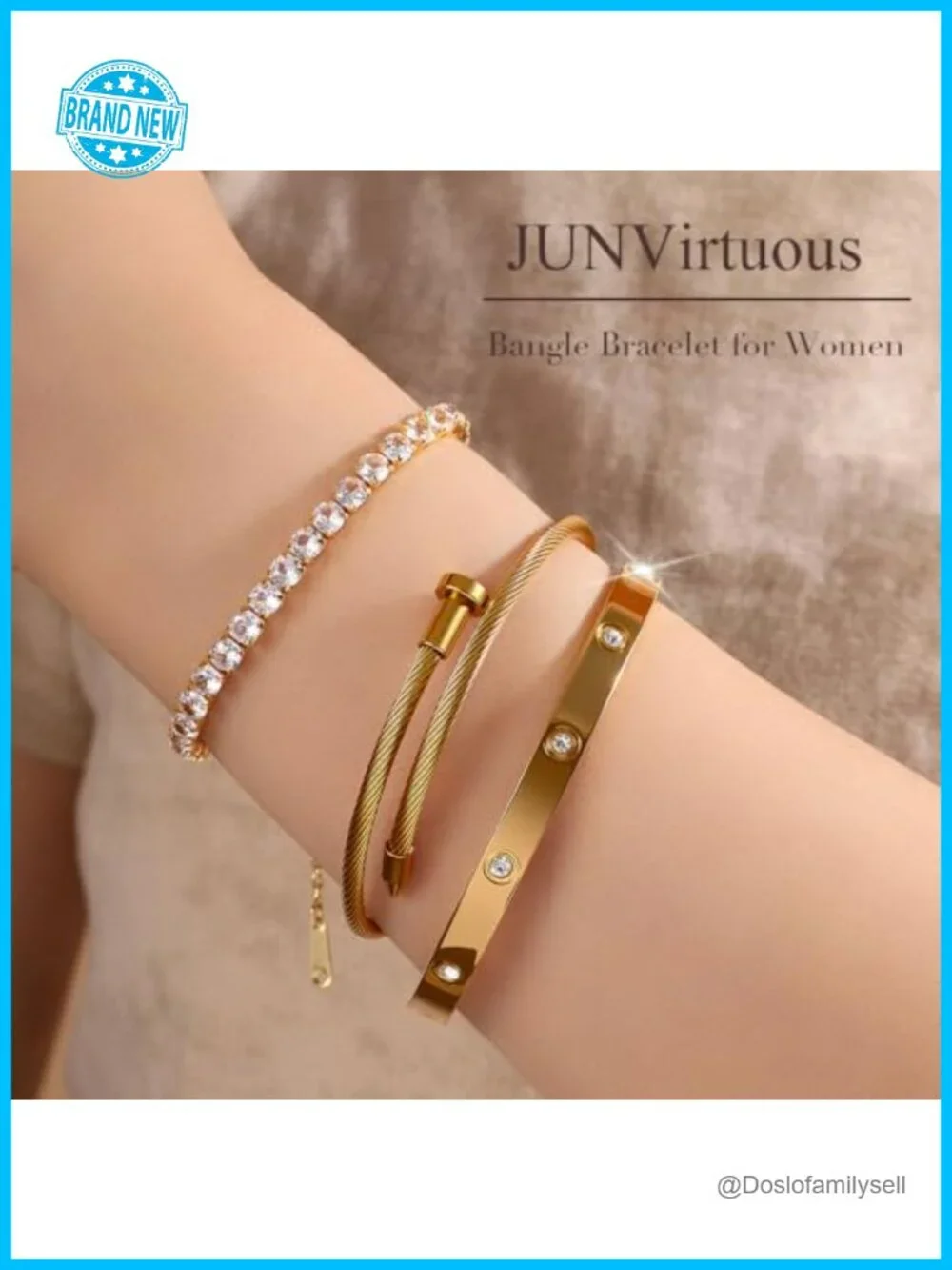 3Pack 18K Gold Plated Bangle Bracelet Stack Set Non Tarnish Stainless Steel